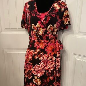 White House Black Market Red and Pink Ruched Wrap Midi Dress